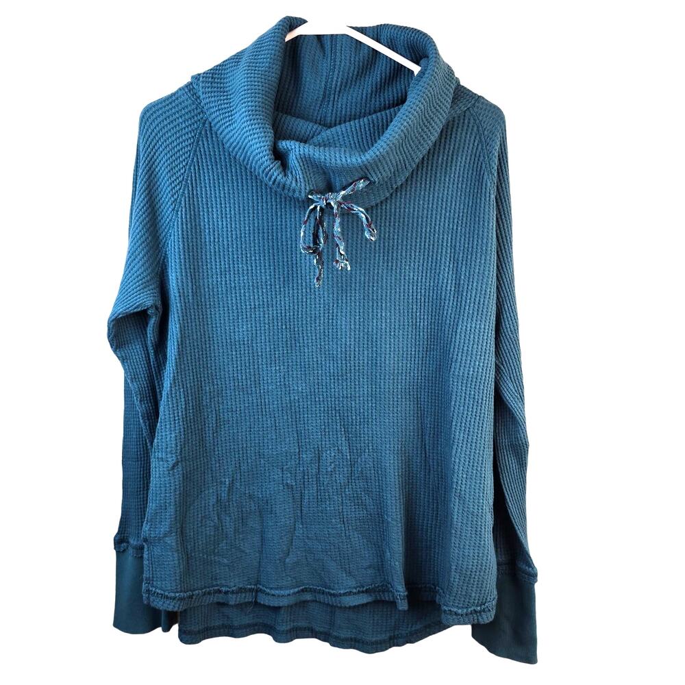 Sundance Pullover Women's L Winter Postcard Teal Waffle Cowl Neck Athleisure
